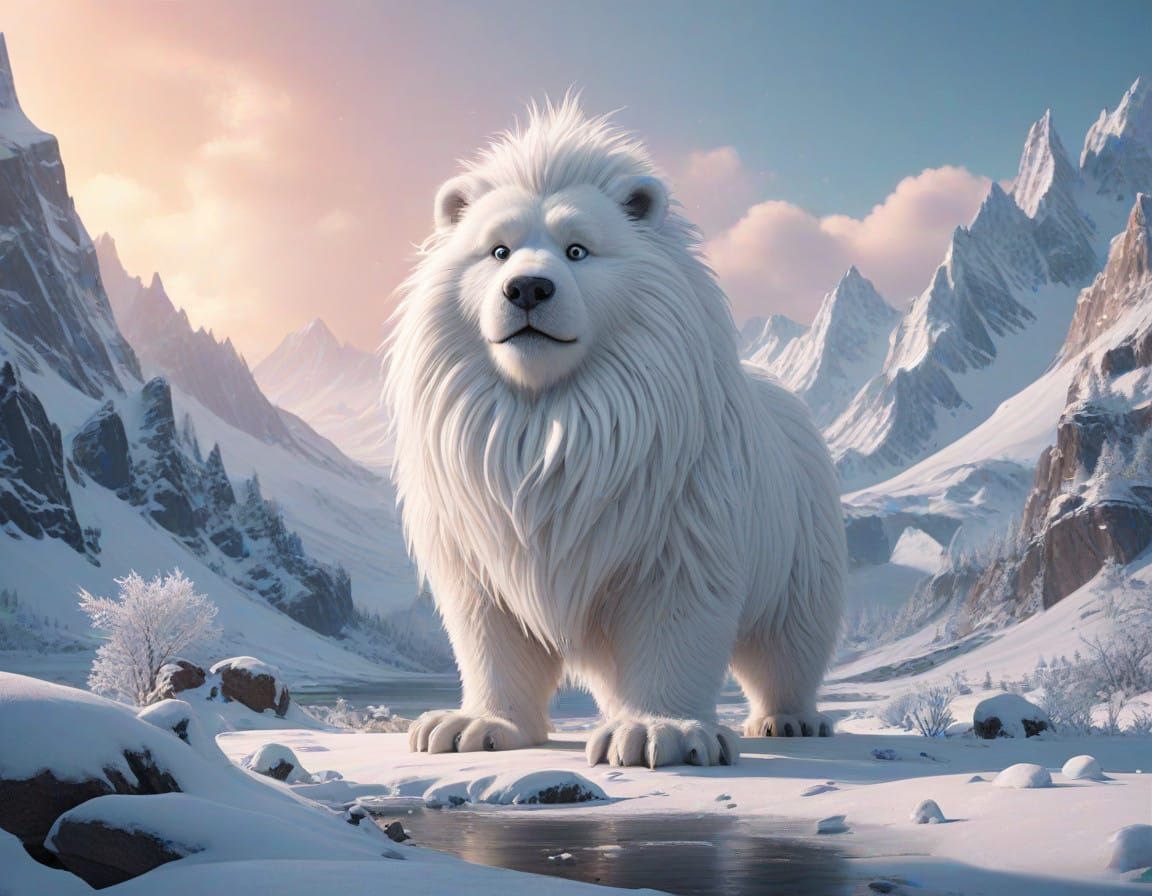Furry Snow Lion in Majestic Winter Wonderland