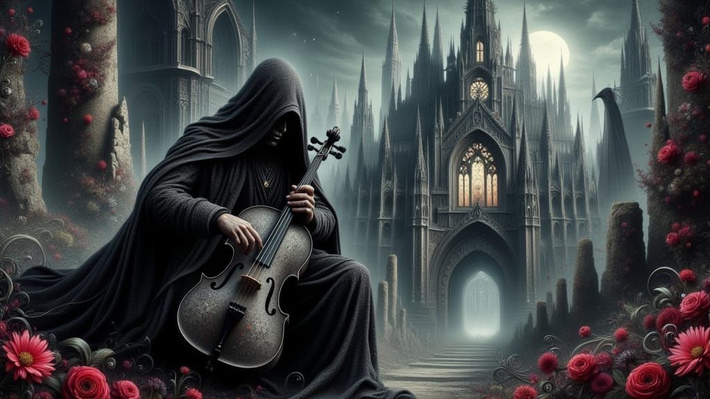 Grim Reaper Plays Melancholic Cello in Gothic Castle