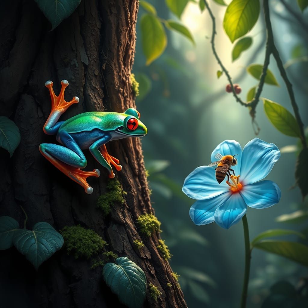 Frog Gazing at Bee in Rainforest, Dreamlike Digital Art