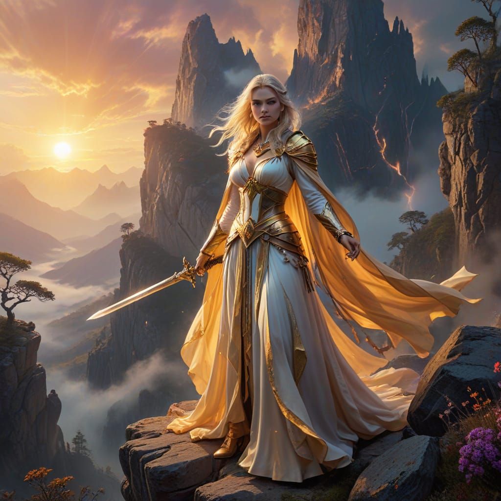 Beautiful Blonde - - Mage Robes - Magic Sword - Fantasy Landscape