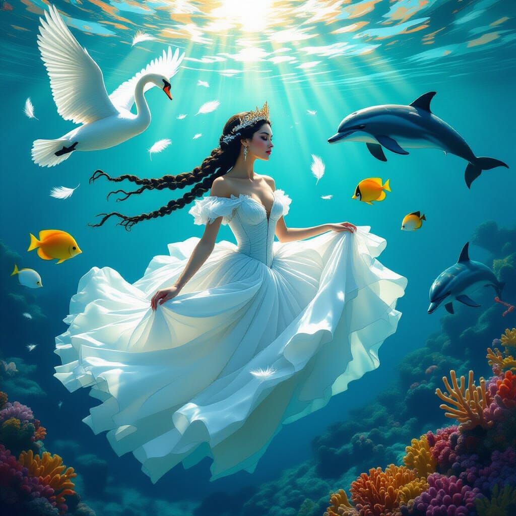 Odette: Swan Queen in Ocean Depths, Photorealistic