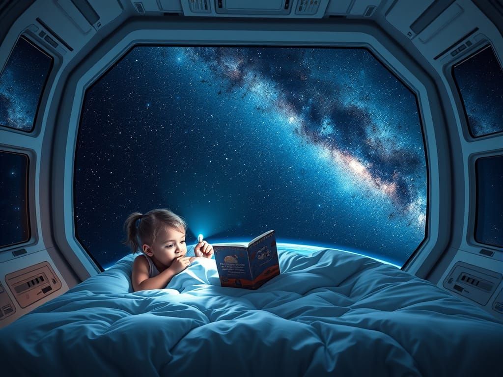 Children Reading in Space Station Bedroom