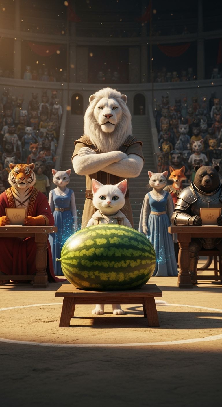 White Humanoid Kitten in Arena Competition Cinematic Art