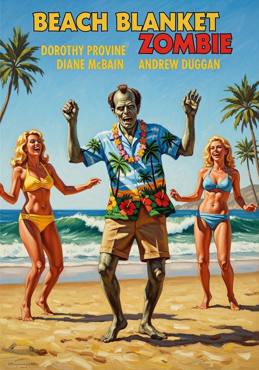 Impressionist Oil Painting: Beach Blanket Zombie Movie Poste...