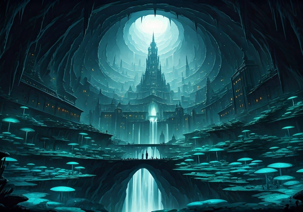 Bioluminescent City in Subterranean Cave