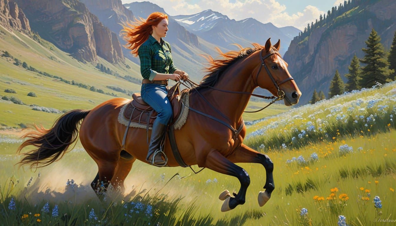 Impressionistic Cowgirl Riding Galloping Horse in Sun-Drench...