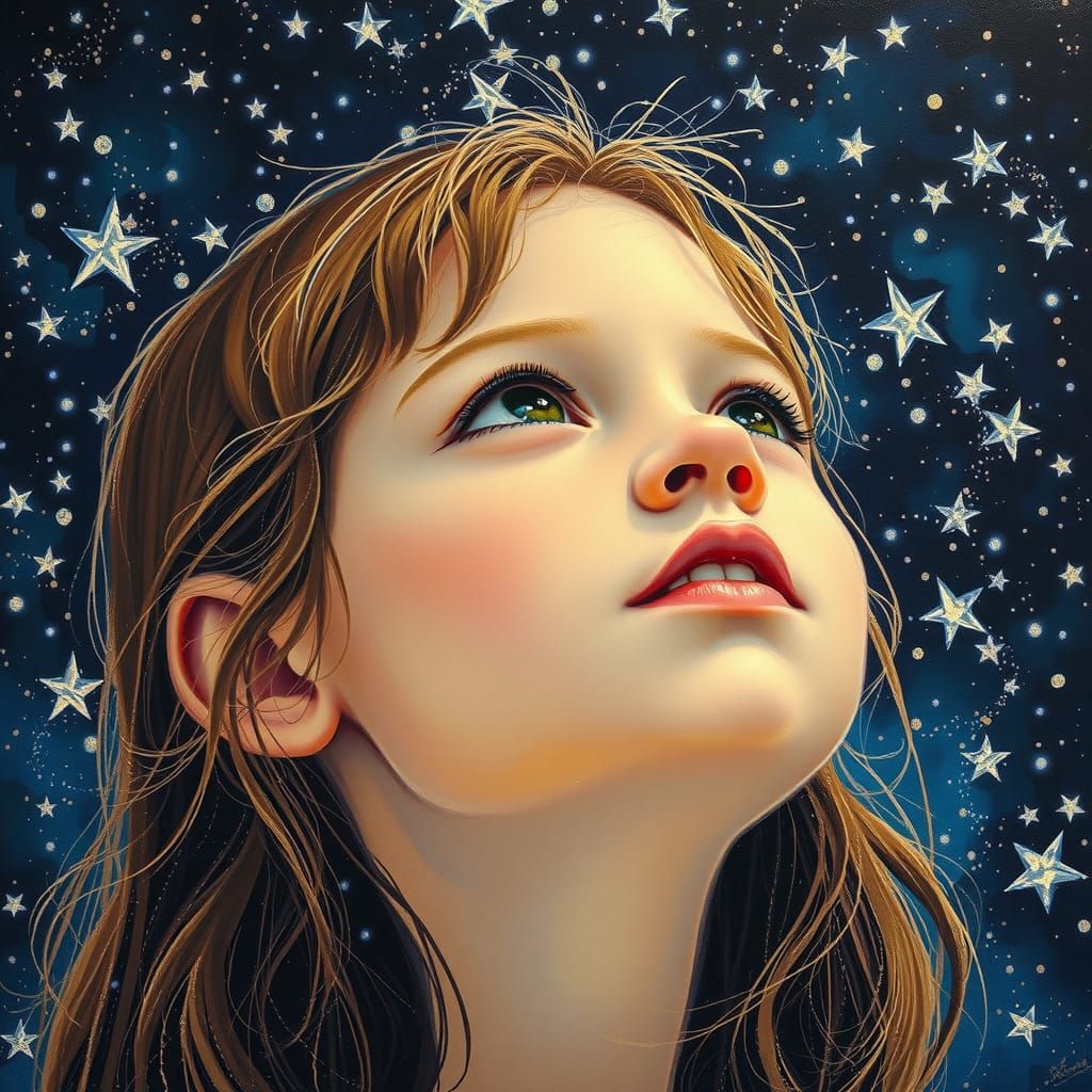 Pointillist Portrait of Girl Gazing at Stars