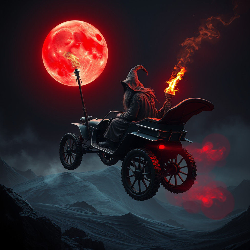 Gothic Wizard Drives Moon Buggy on Eerie Planet