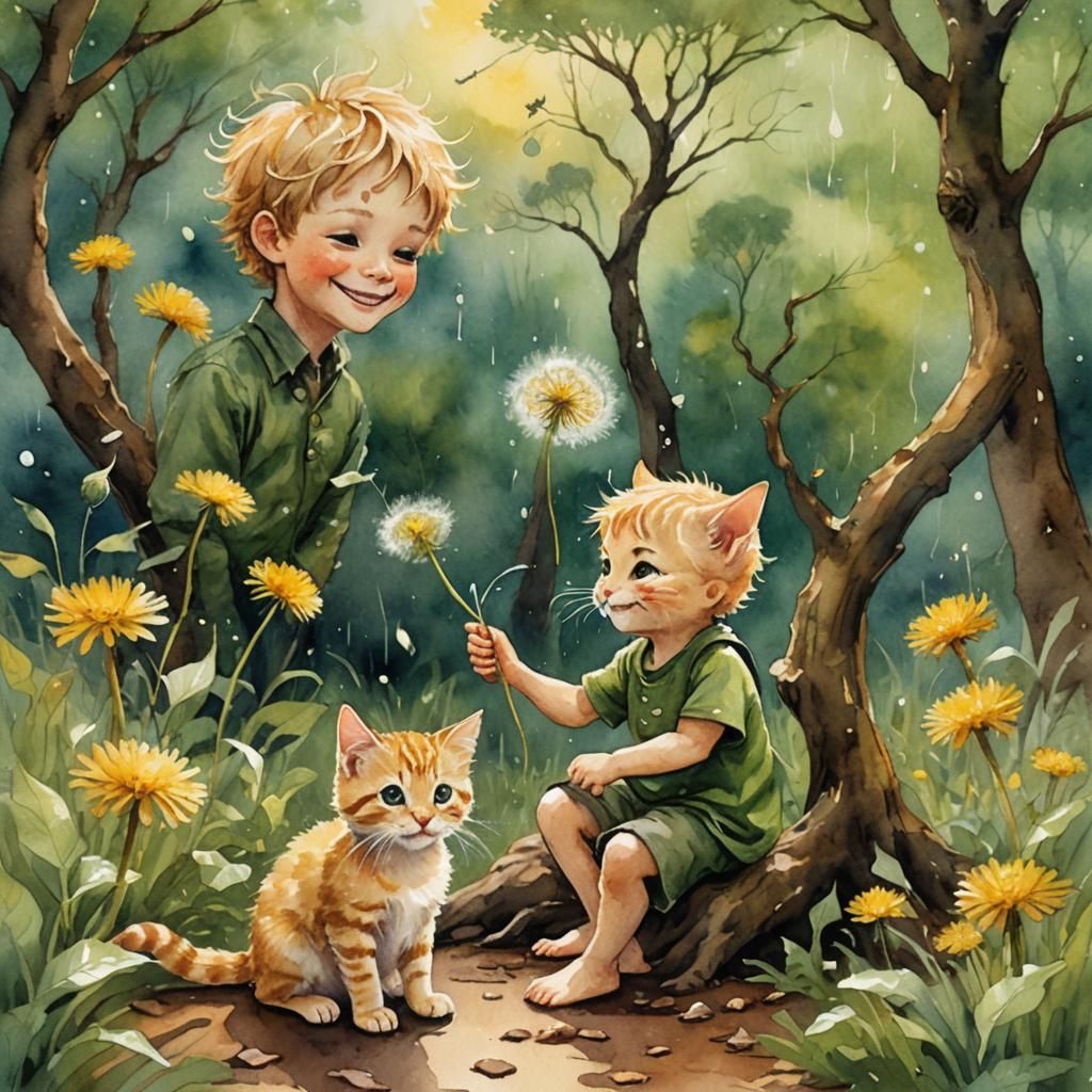 Fairy Boy and Kitten in Rainy Garden