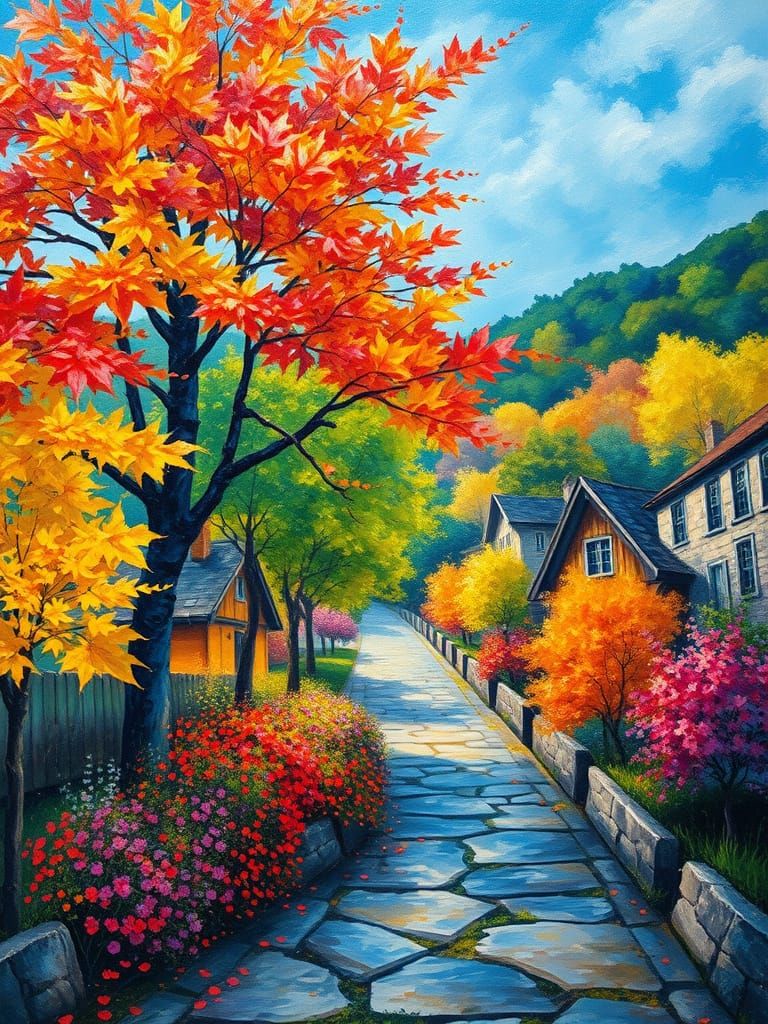 Autumn Maple Trees in Impressionistic Watercolor Style