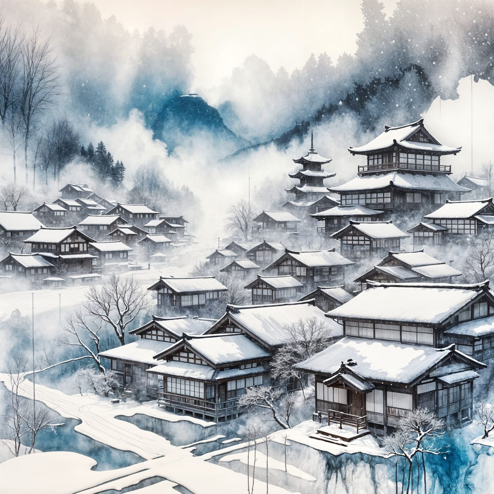 Whispering Japanese Village in Winter Watercolor