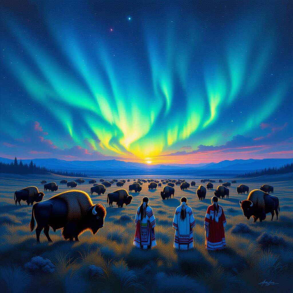 Psychedelic Midnight Aurora Over Bison Plains with Indigenou...