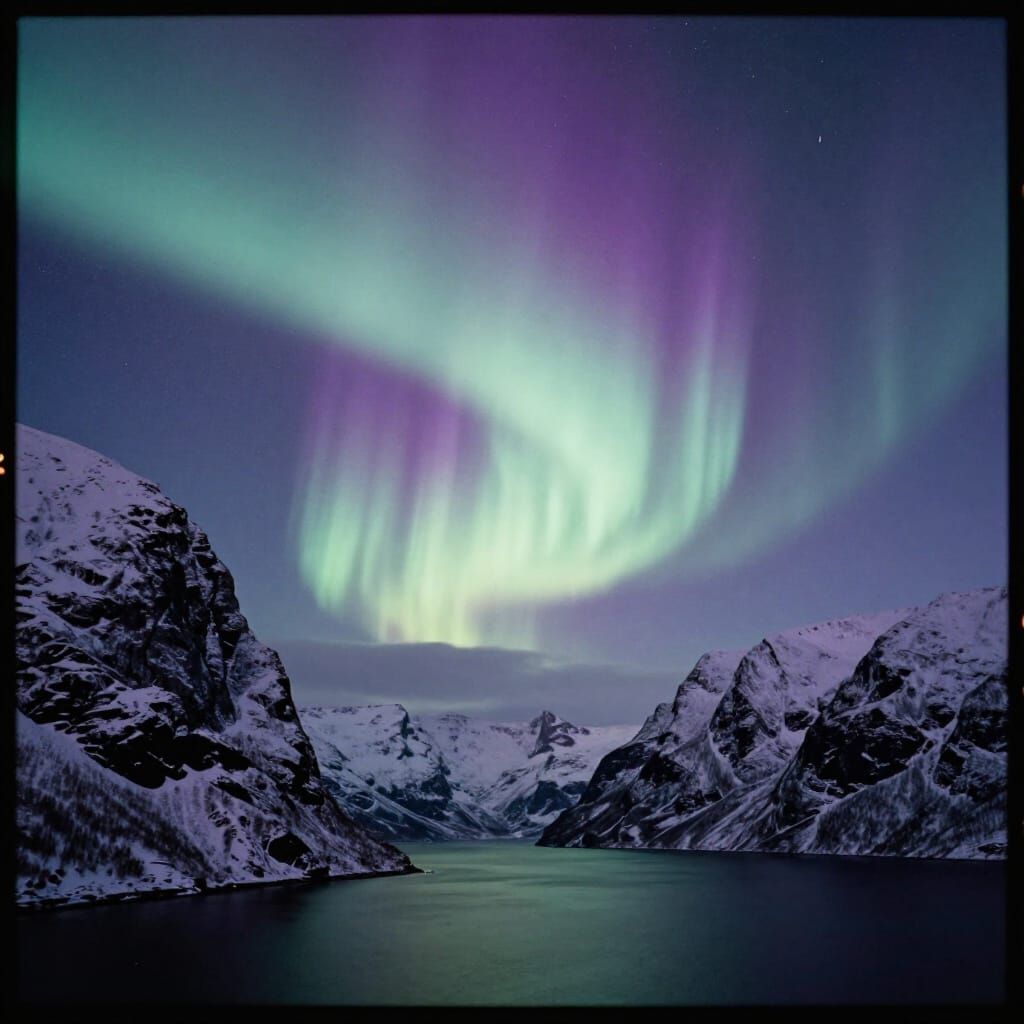 Purple Green Aurora Over Majestic Winter Fjord