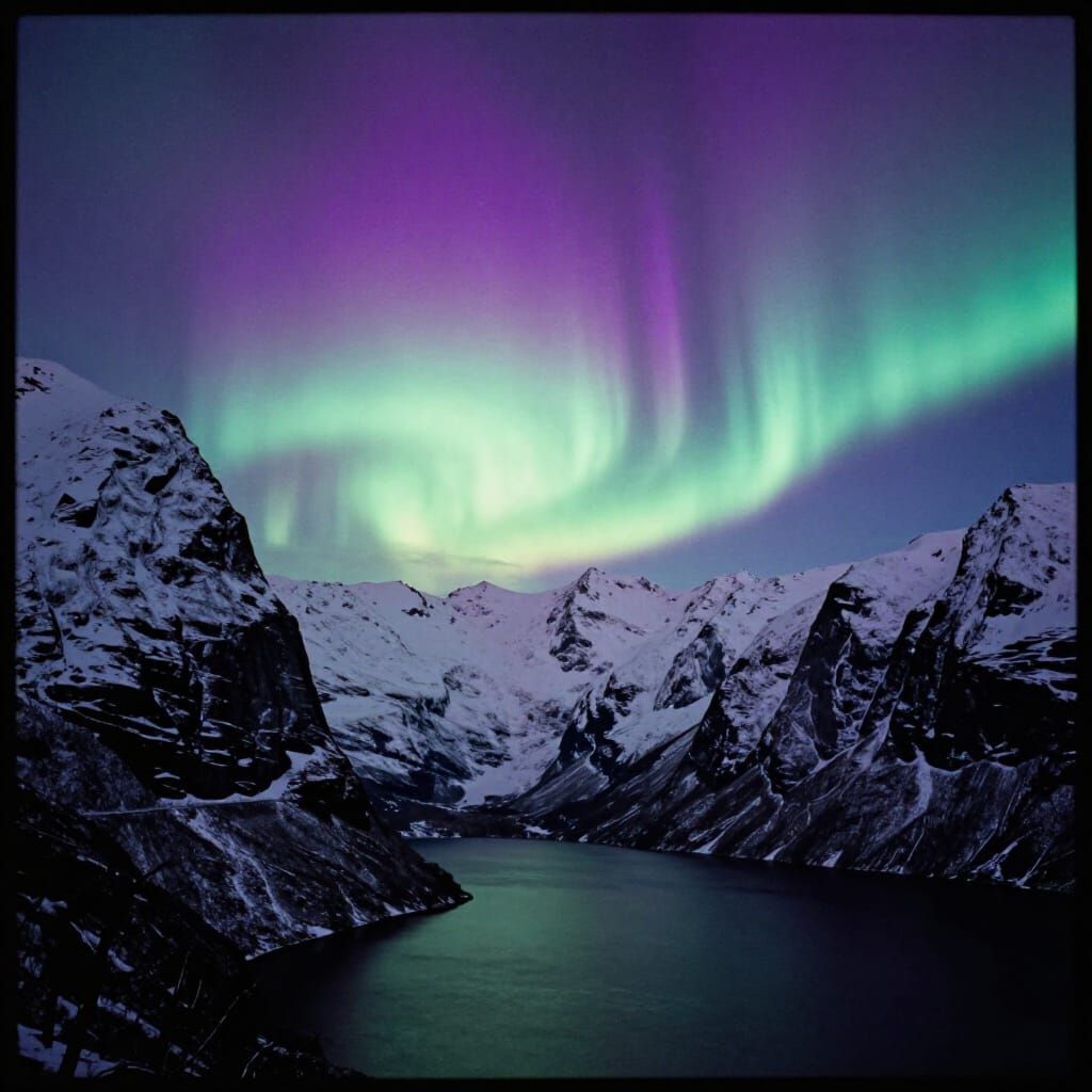 Vibrant Aurora Borealis Over Majestic Winter Fjord