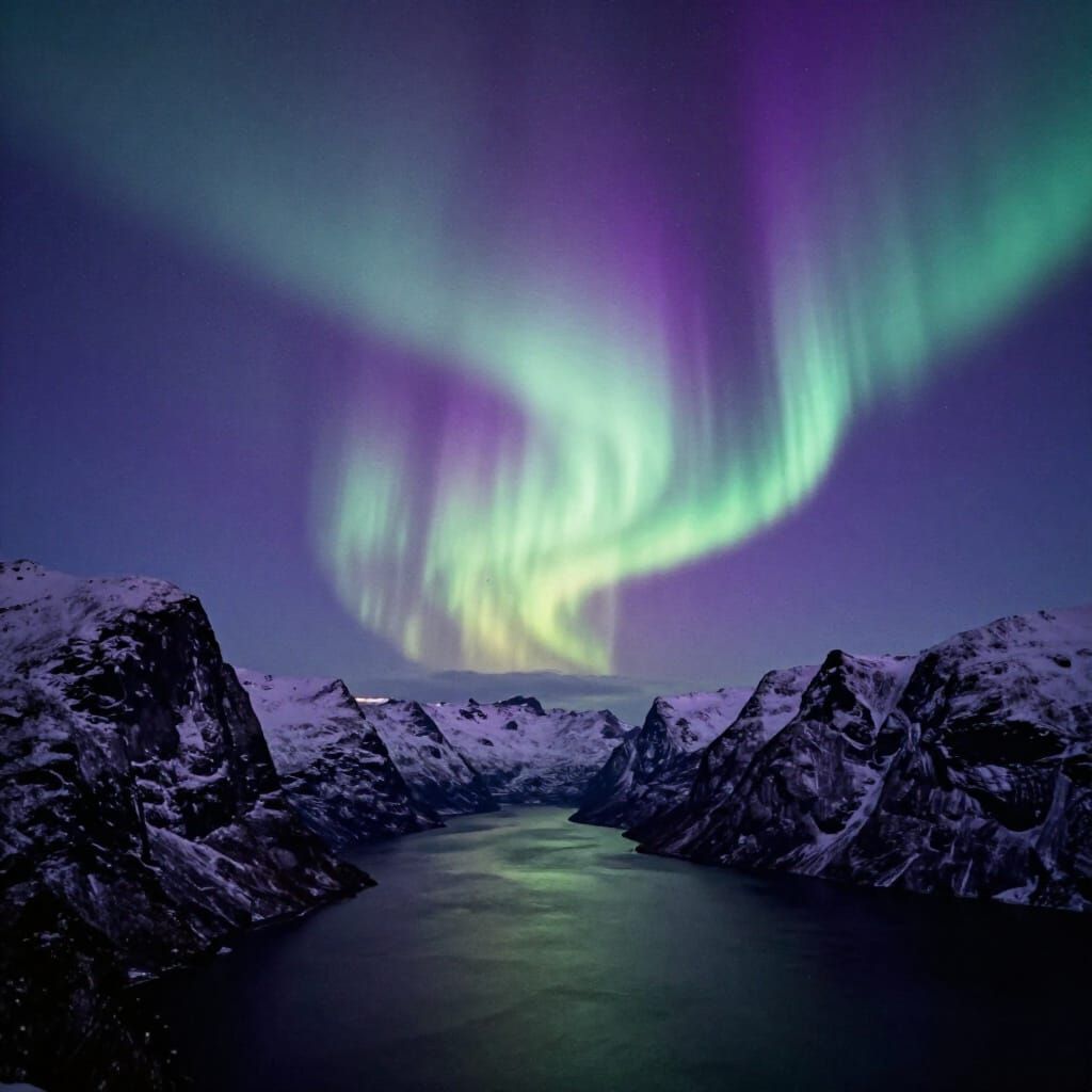 Shimmering Aurora Borealis Over Winter Fjord