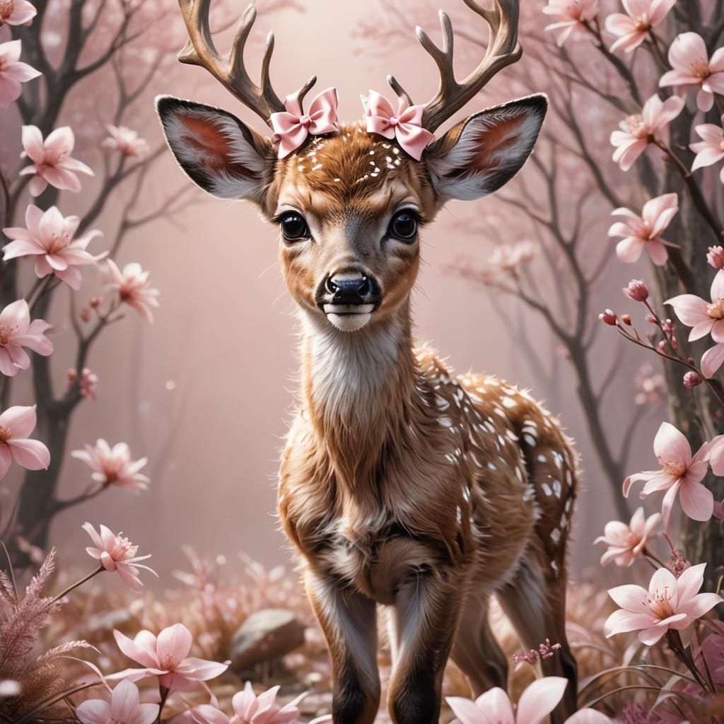 Baby Deer Surrounded by Pink Bows, Digital Painting