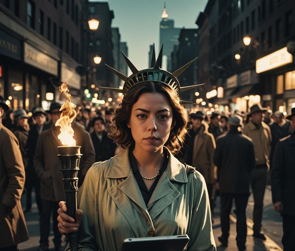 Aubrey Plaza as the Statue of Liberty