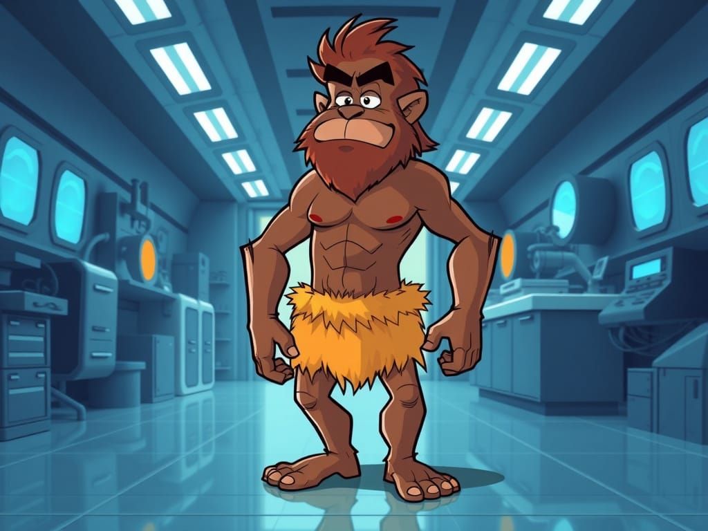 Cartoon Neanderthal in Futuristic Lab, Tartakovsky Style