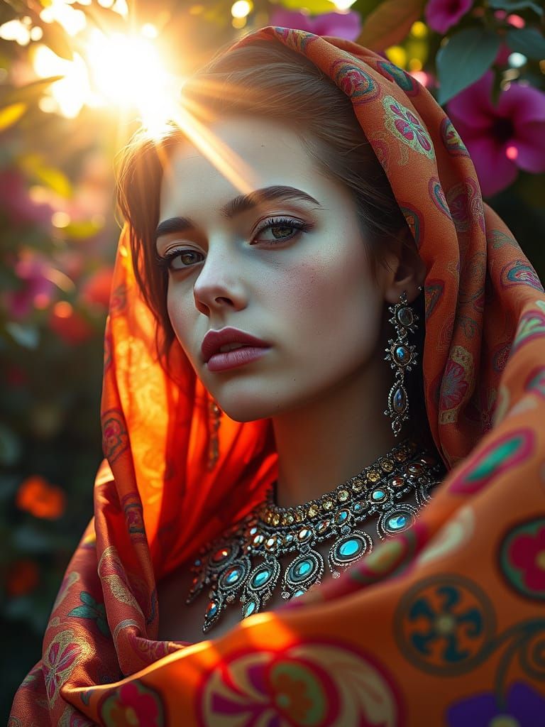 Hyperrealistic Portrait of a Young Woman in Vibrant Fabrics ...