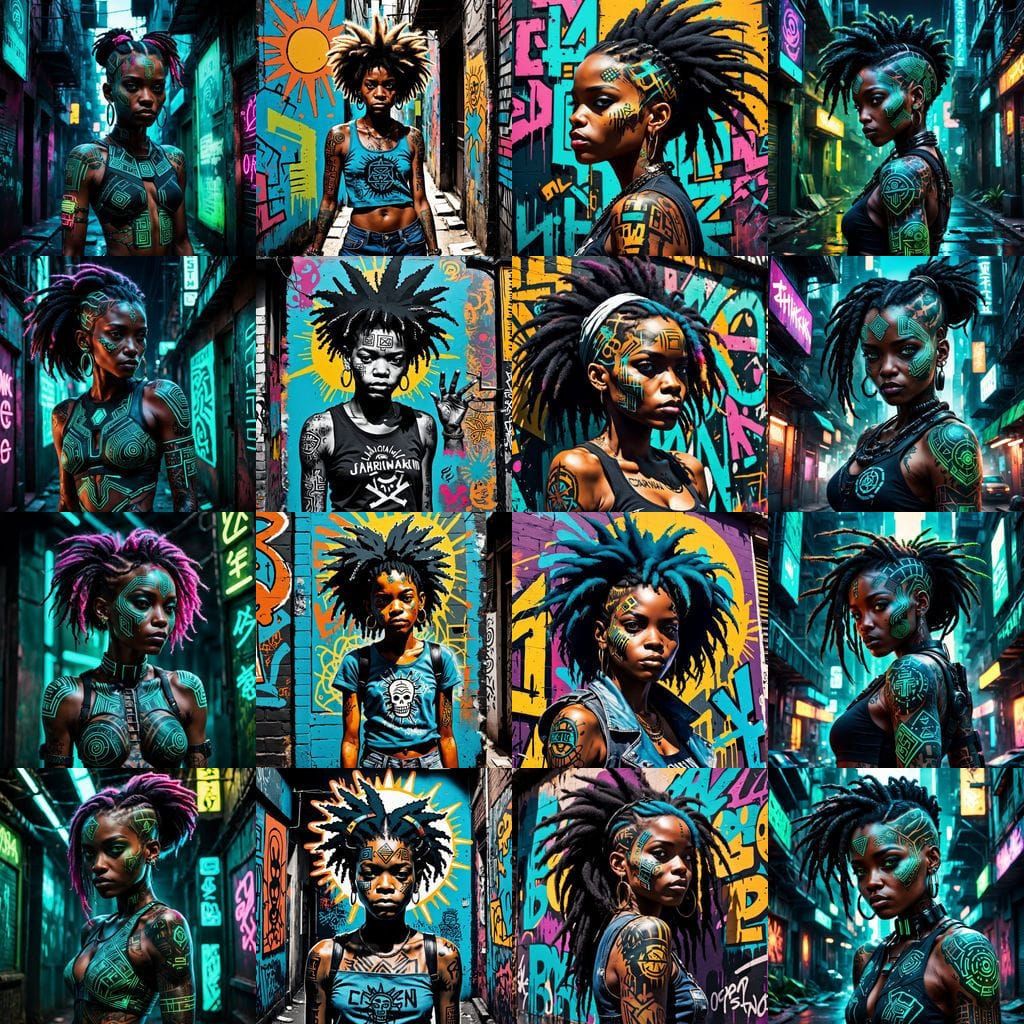 Caribbean Punk Goddess with Fused Sigils and Digital Tattoos