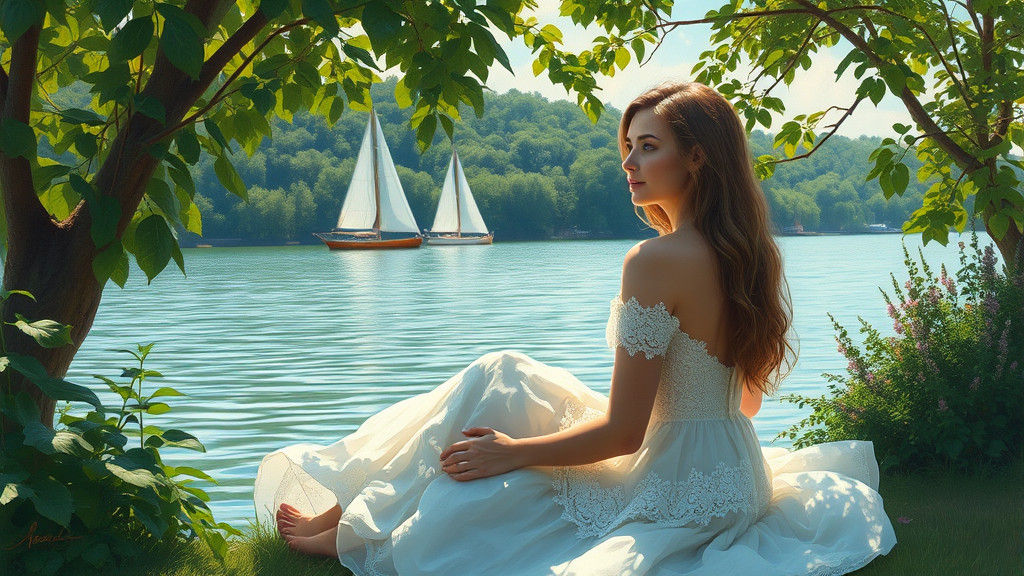 Woman by Lake in Impressionist Style