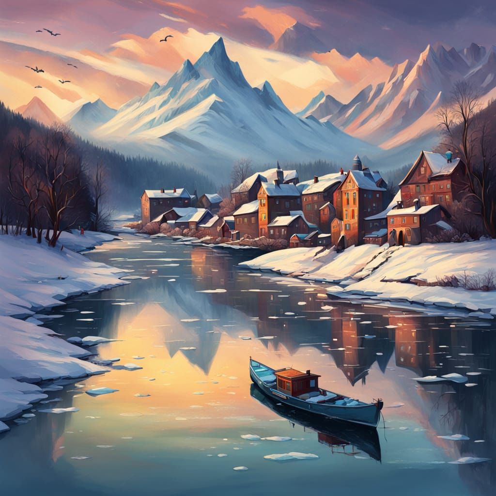Two Boats by Icy River with Mountain and Village
