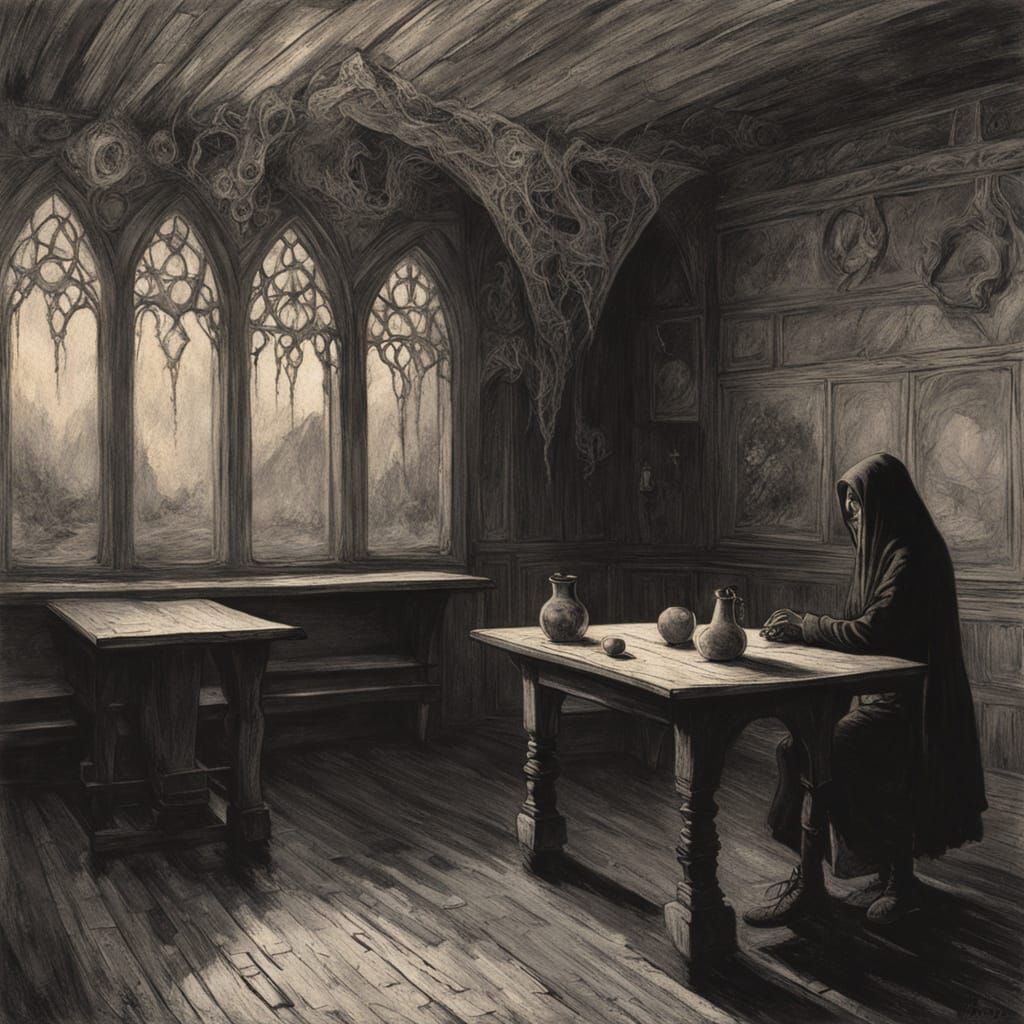 Goth Fashion Model in Medieval Coffee Shop