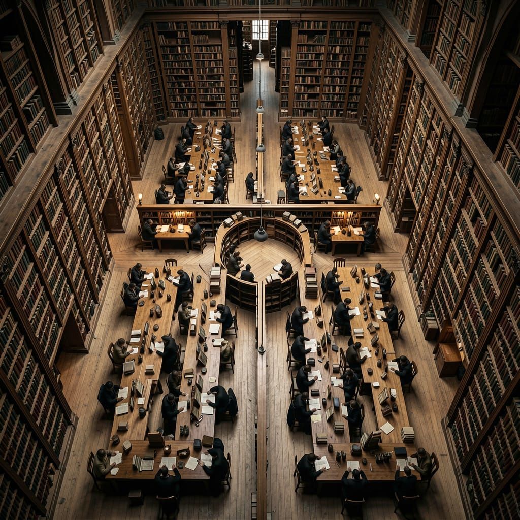 Ancient Library Reading Room from Above in Hyperrealistic St...