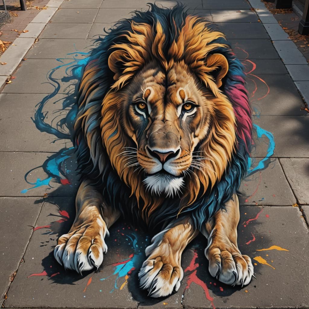 Sidewalk Lion: Detailed Chalk Art in Deep Color