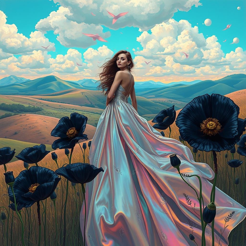 Woman Surrounded by Black Poppies in Dreamlike Landscape