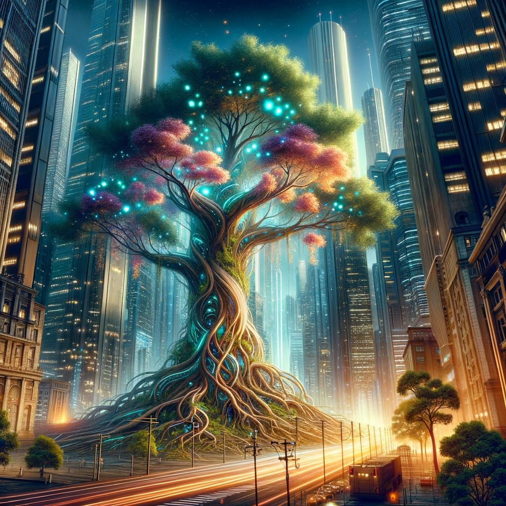 Bioluminescent Tree Thrives in Futuristic Metropolis