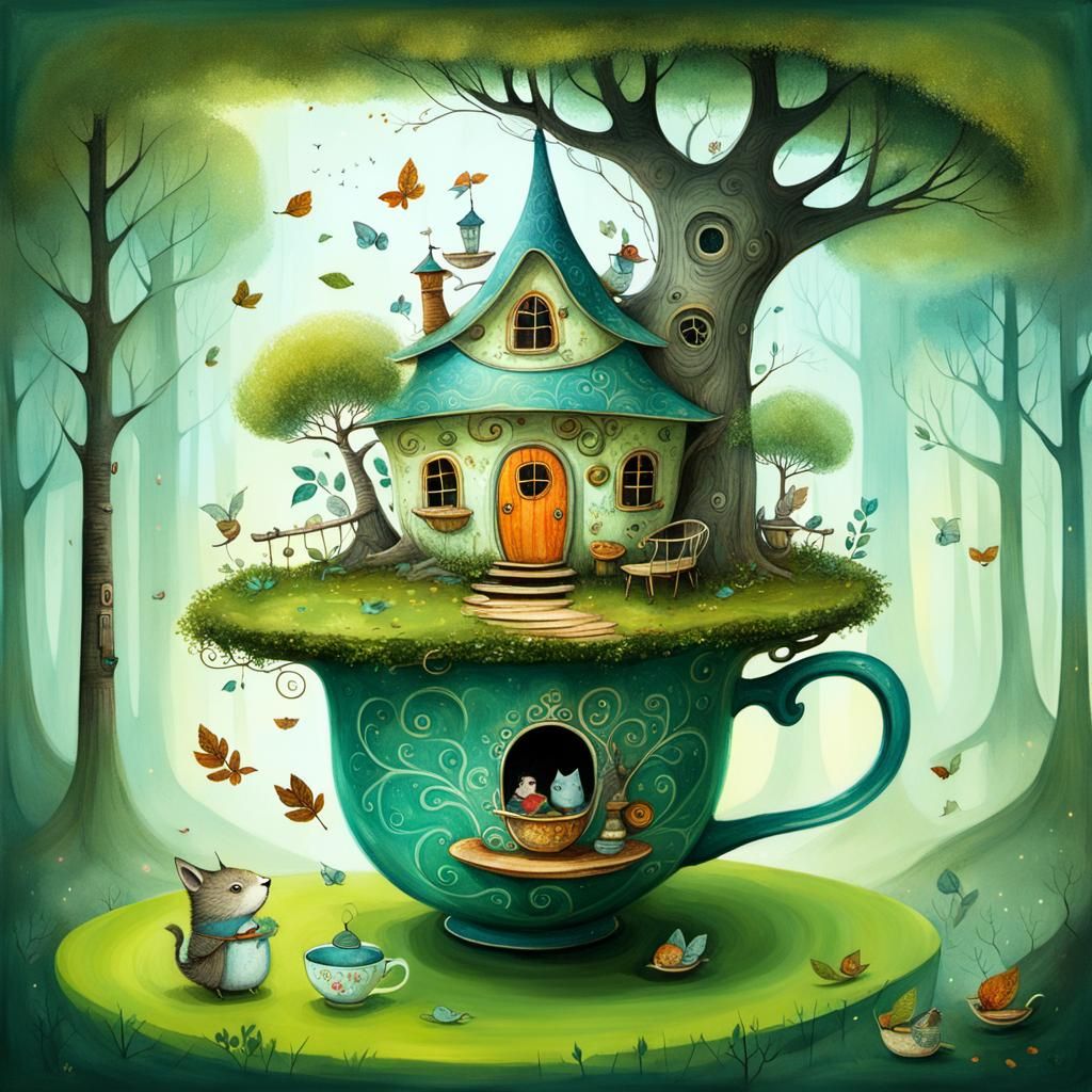 Fantasy Treehouse Inside a Teacup Illustration