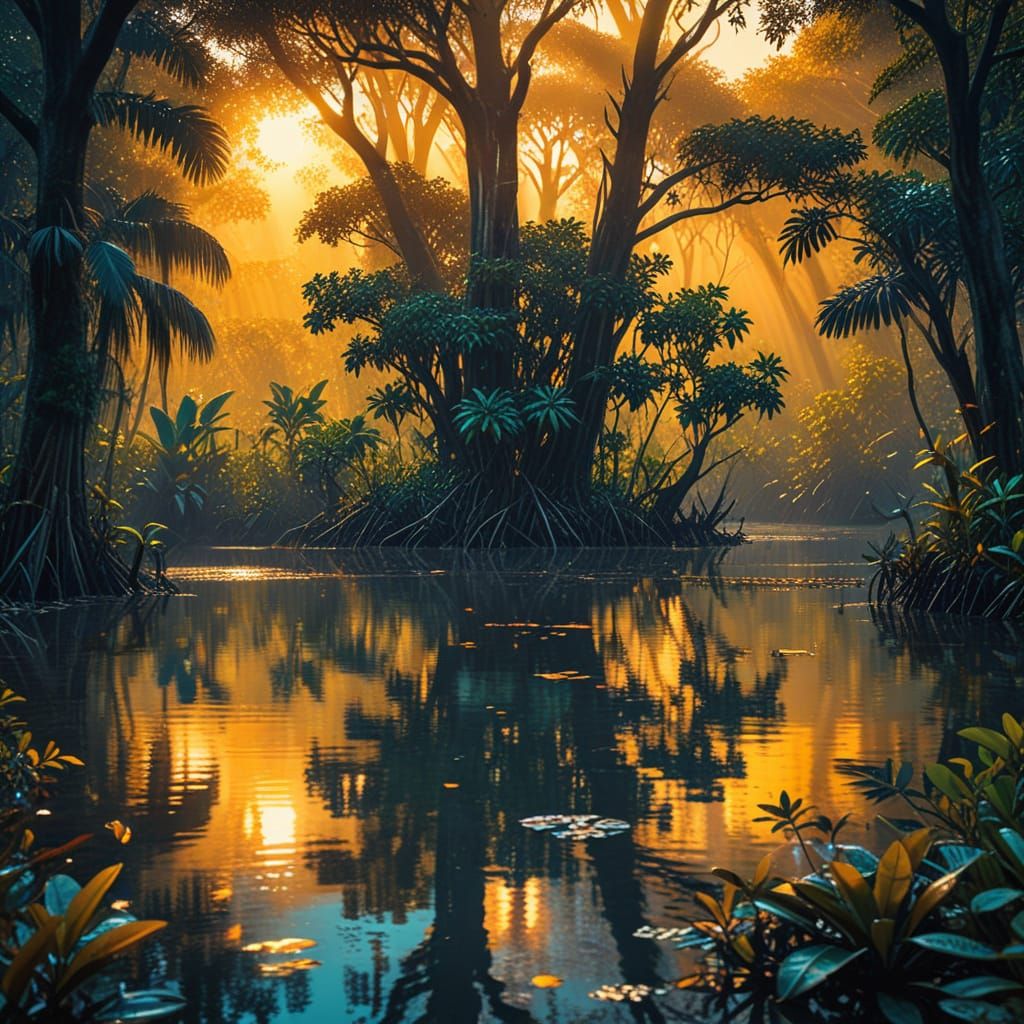 Lush Mangrove Forest at Sunset: Hyper-Realistic Digital Art