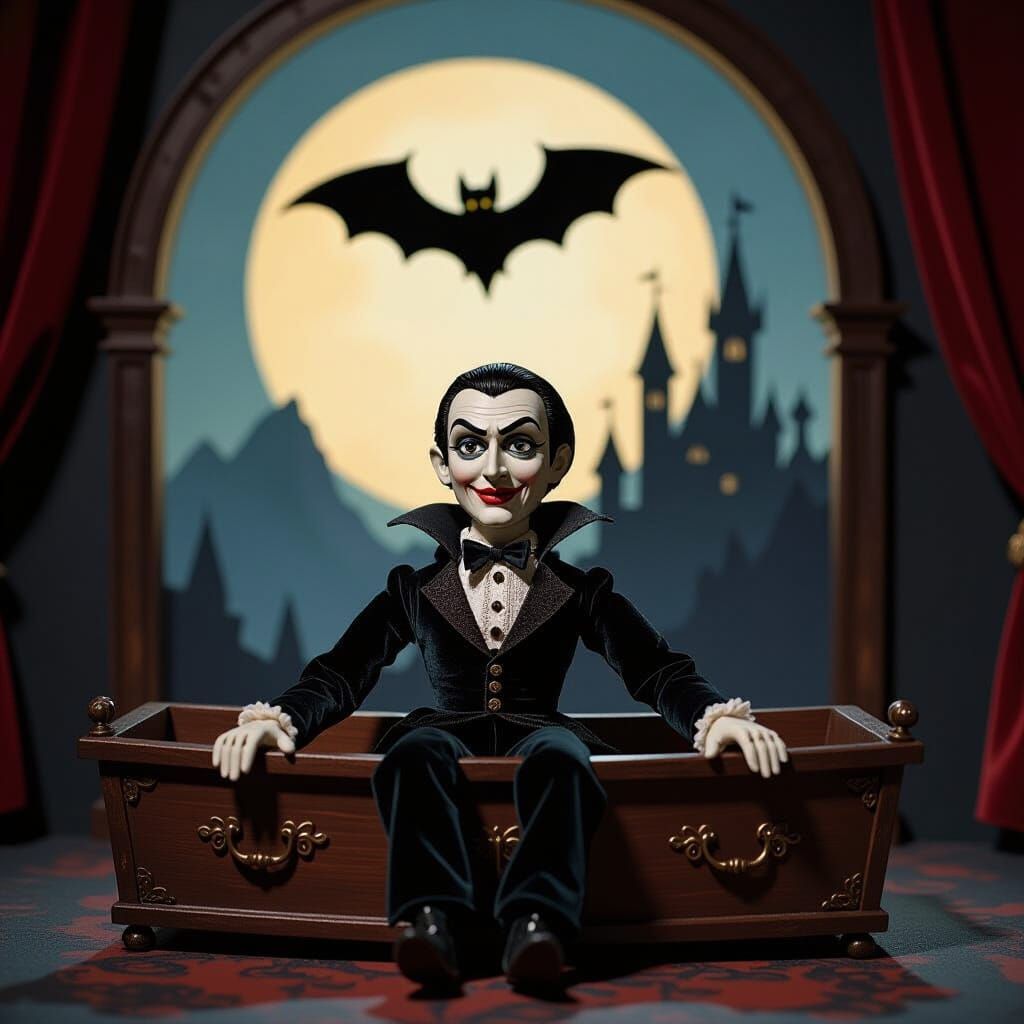 Count Dracula Marionette in Gothic Coffin
