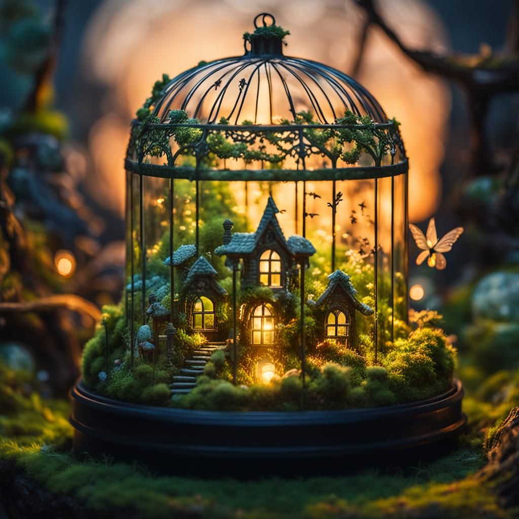 Luminous Fairy Village in Crystal Birdcage Terrarium