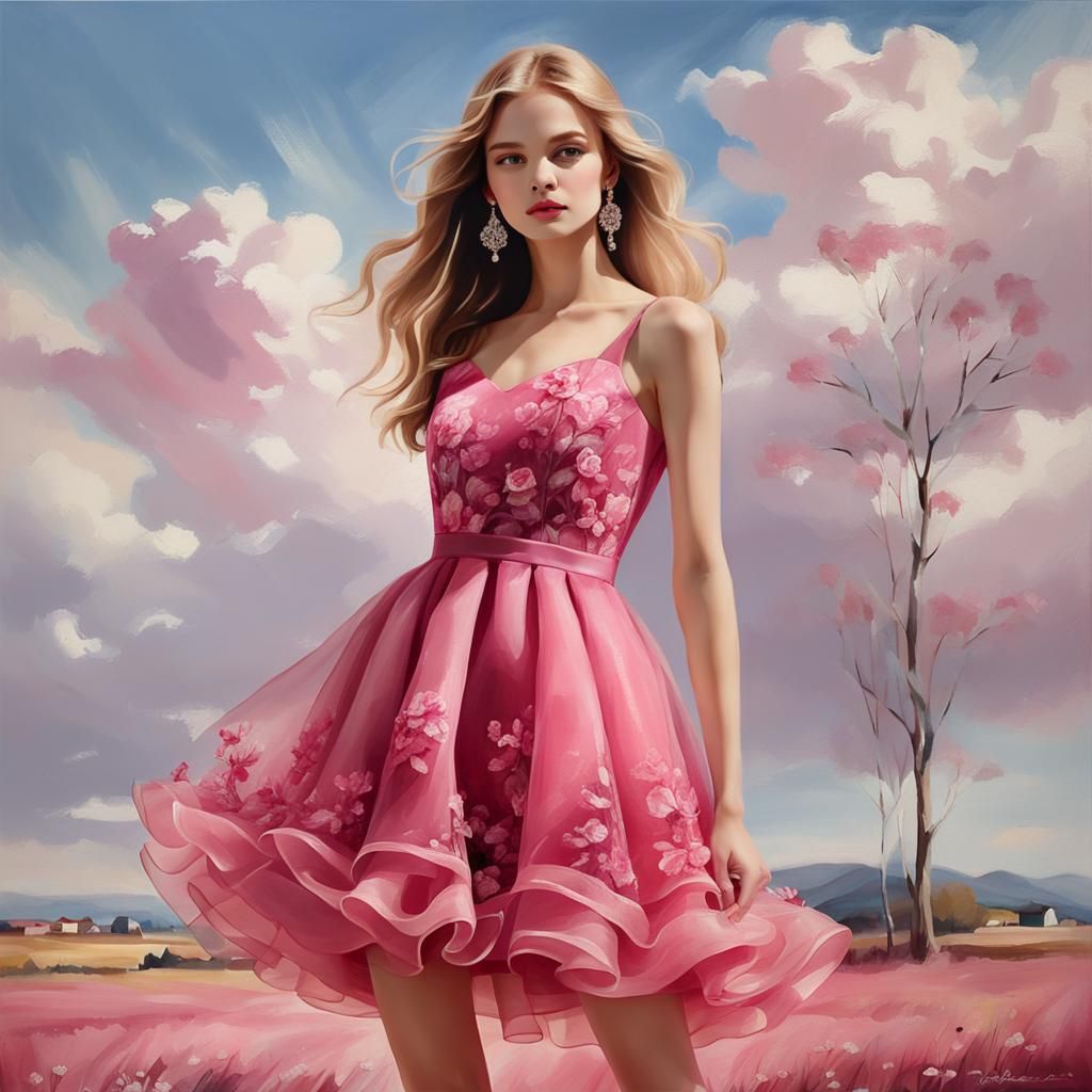 Deep Pink Mini Evening Dress Cartoon. Redone.