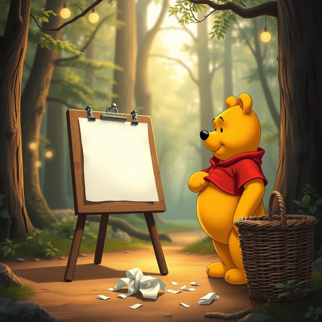Pooh Contemplates in Whimsical Forest Glade