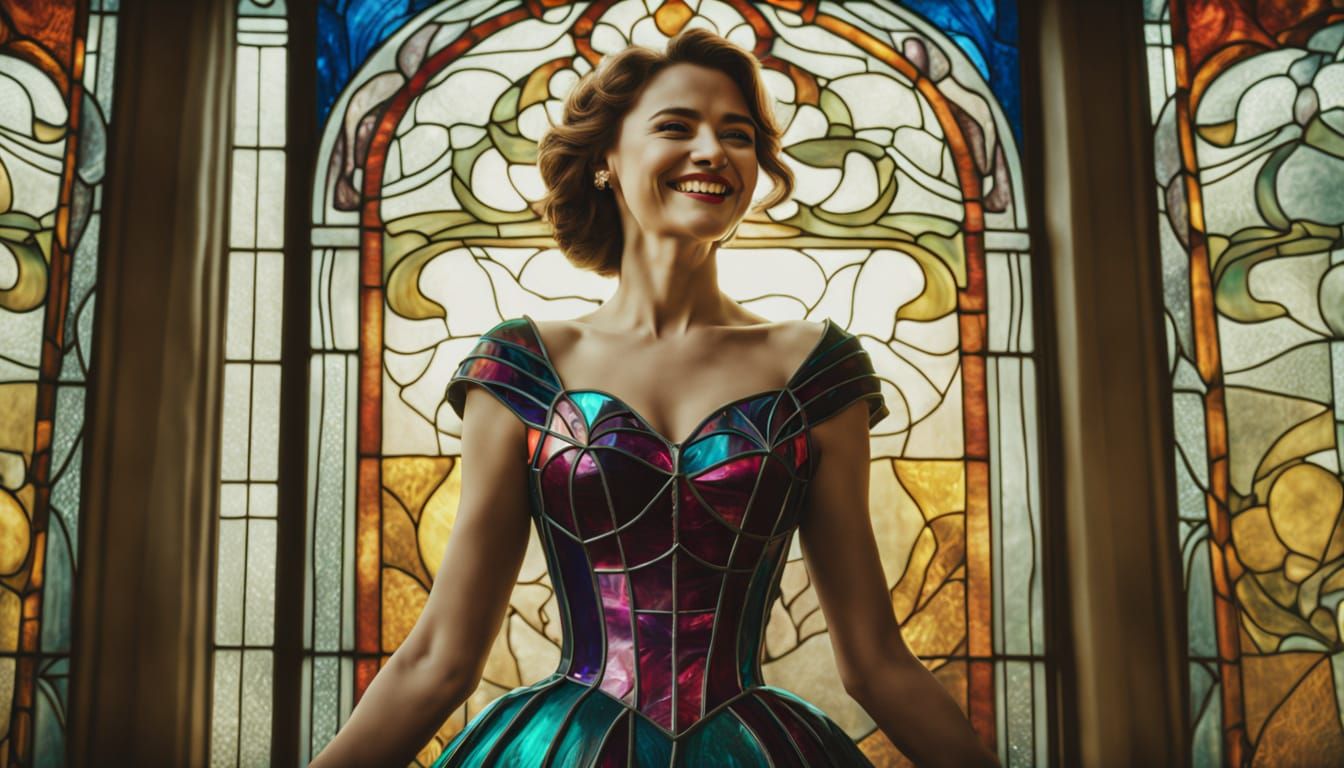Woman in Stained Glass Ballgown, Art Nouveau Style
