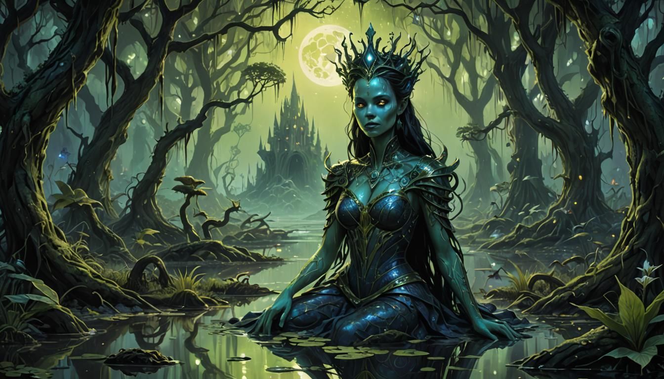 Voodoo Princess in Sinister Swamp, Holographic Illustration