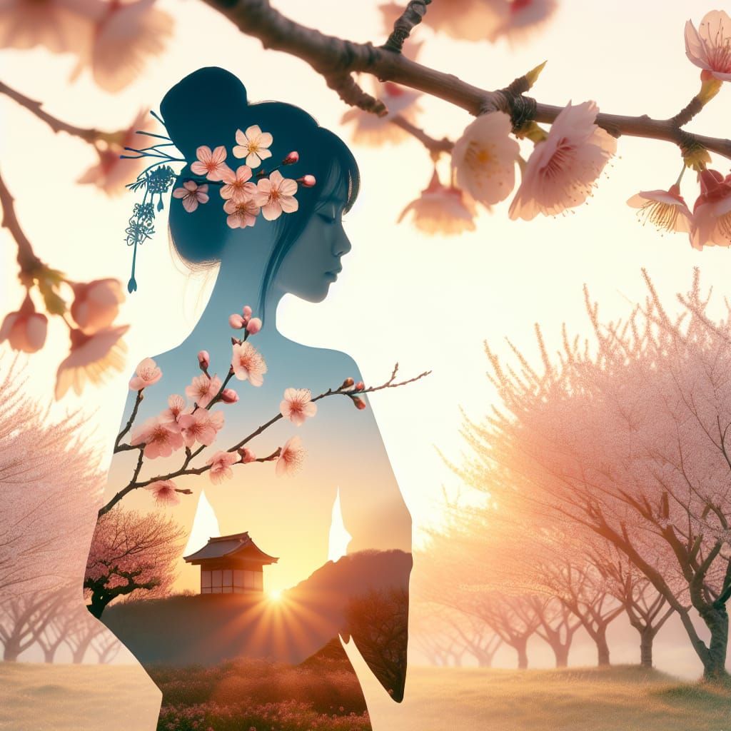 Create a series of images depicting the silhouette of a（japanese womman)with a double exposure of a serene spring scene....
