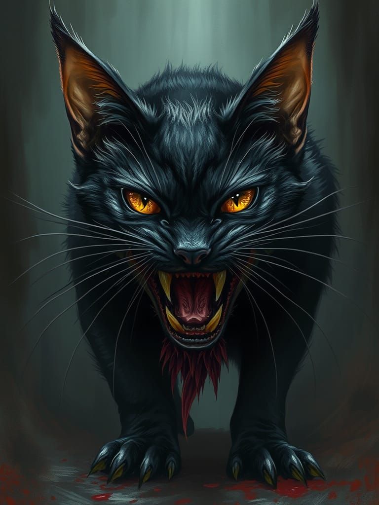 Demonic black alley cat, filthy, mangy, and vicious, with fangs