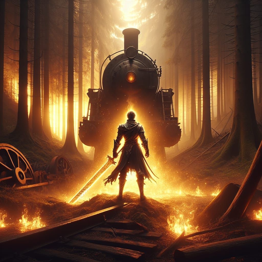 Warrior with Flaming Sword in Forest Ruins