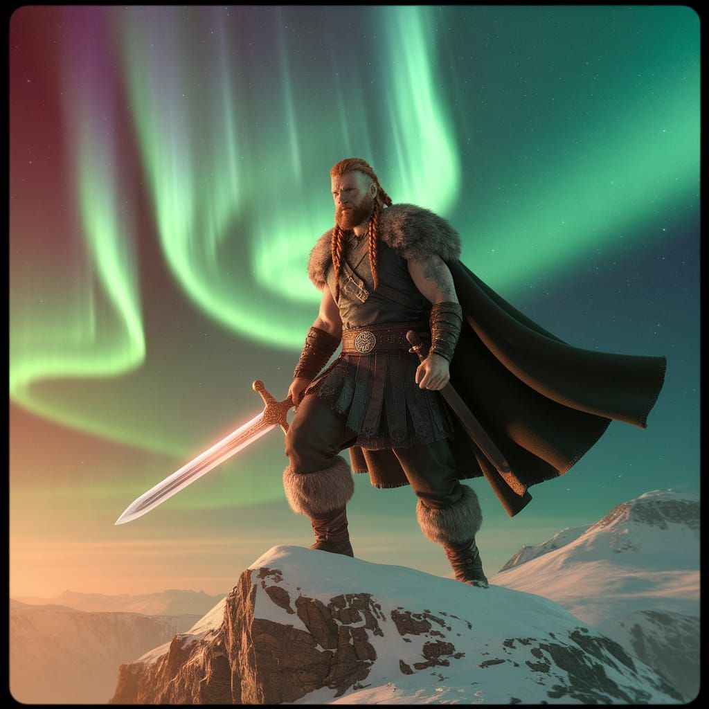 Viking Warrior Triumph on Snow Mountain Under Northern Light...