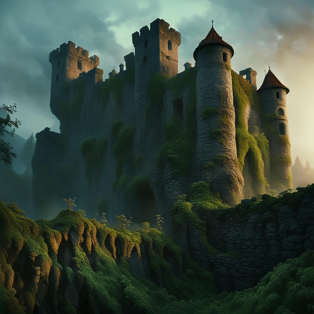 Decaying Castle in Misty Forest, Baroque Style