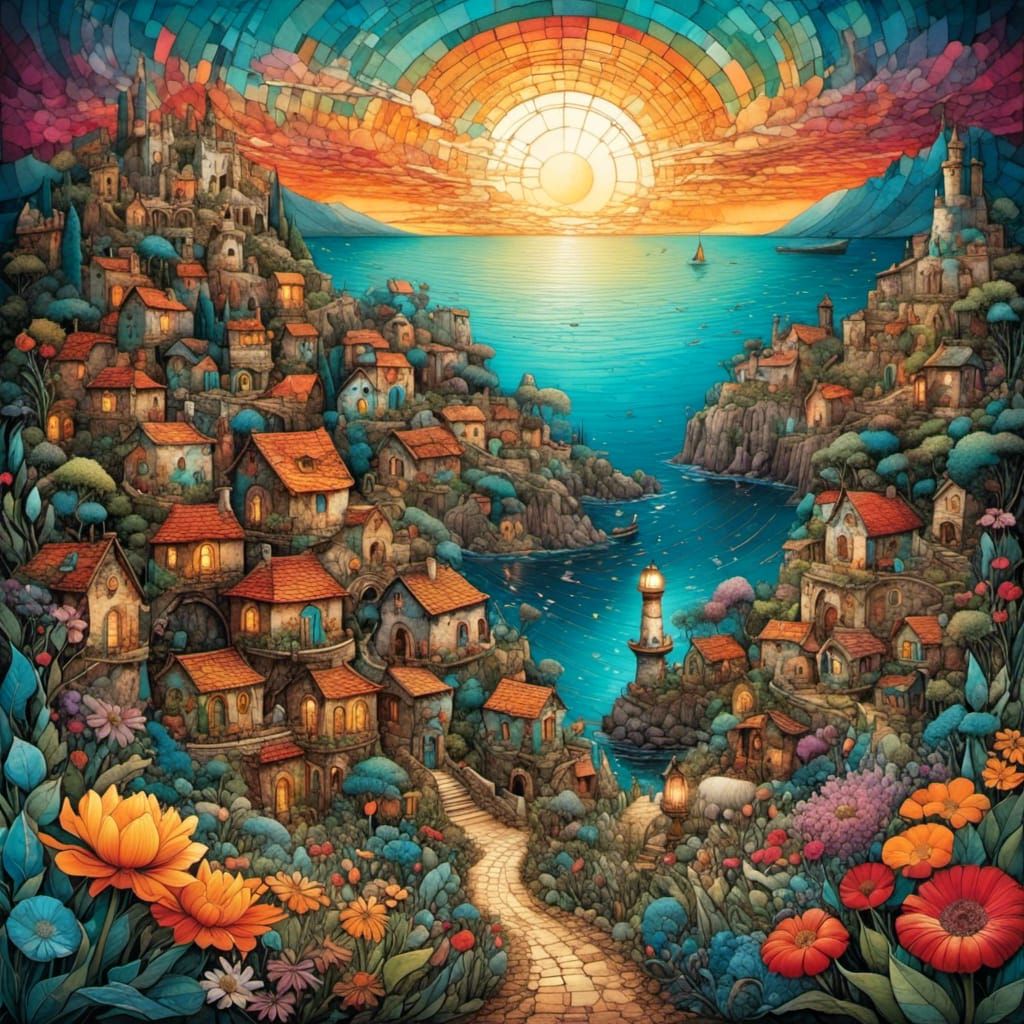 Mediterranean Landscape in Ink Art Style