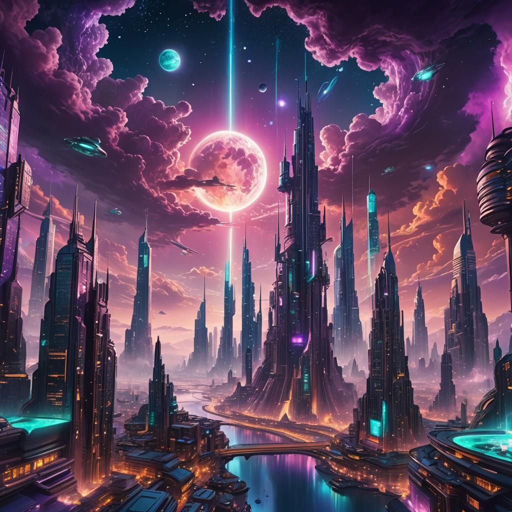 Futuristic Floating City Amidst Clouds and Stars