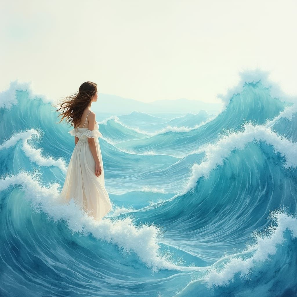 Dreamy Woman at Ocean's Edge in Watercolour Style