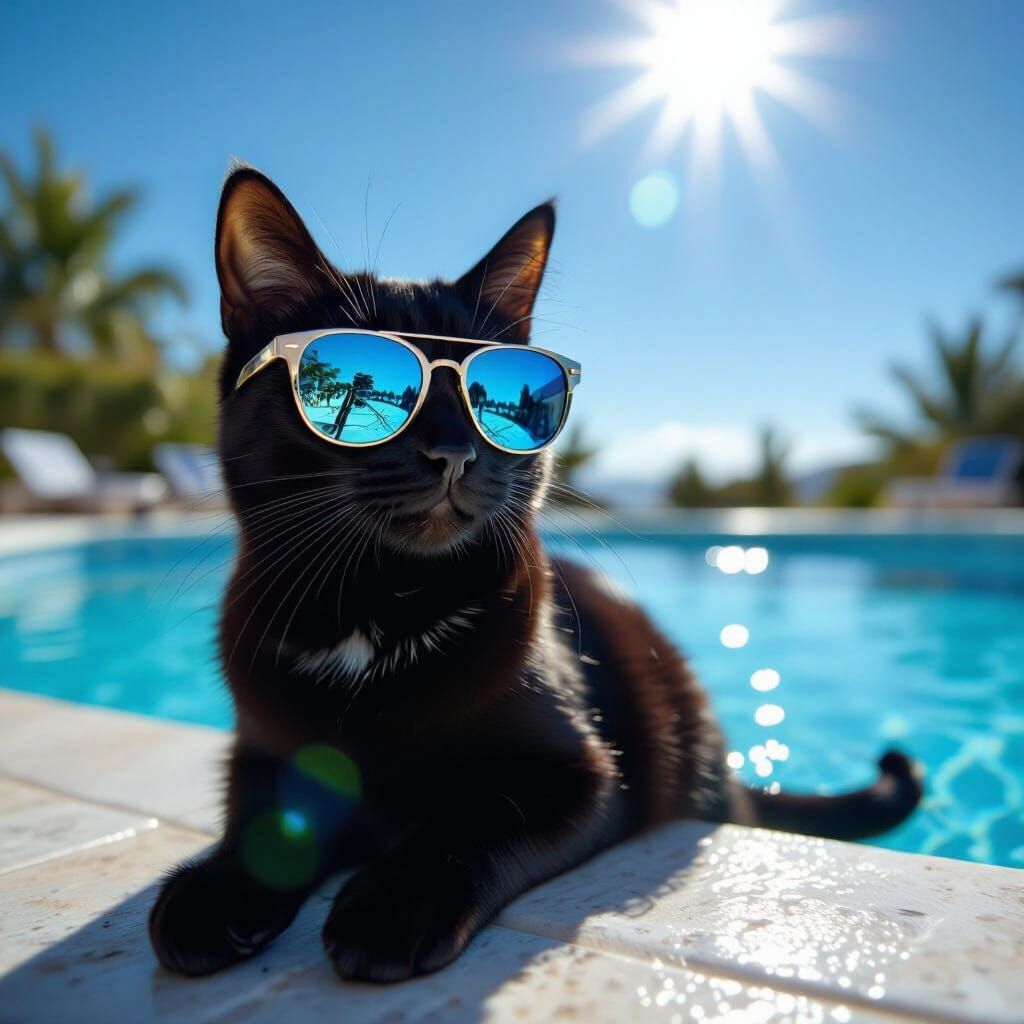 Sleek Black Cat in Mirrored Sunglasses by Pool
