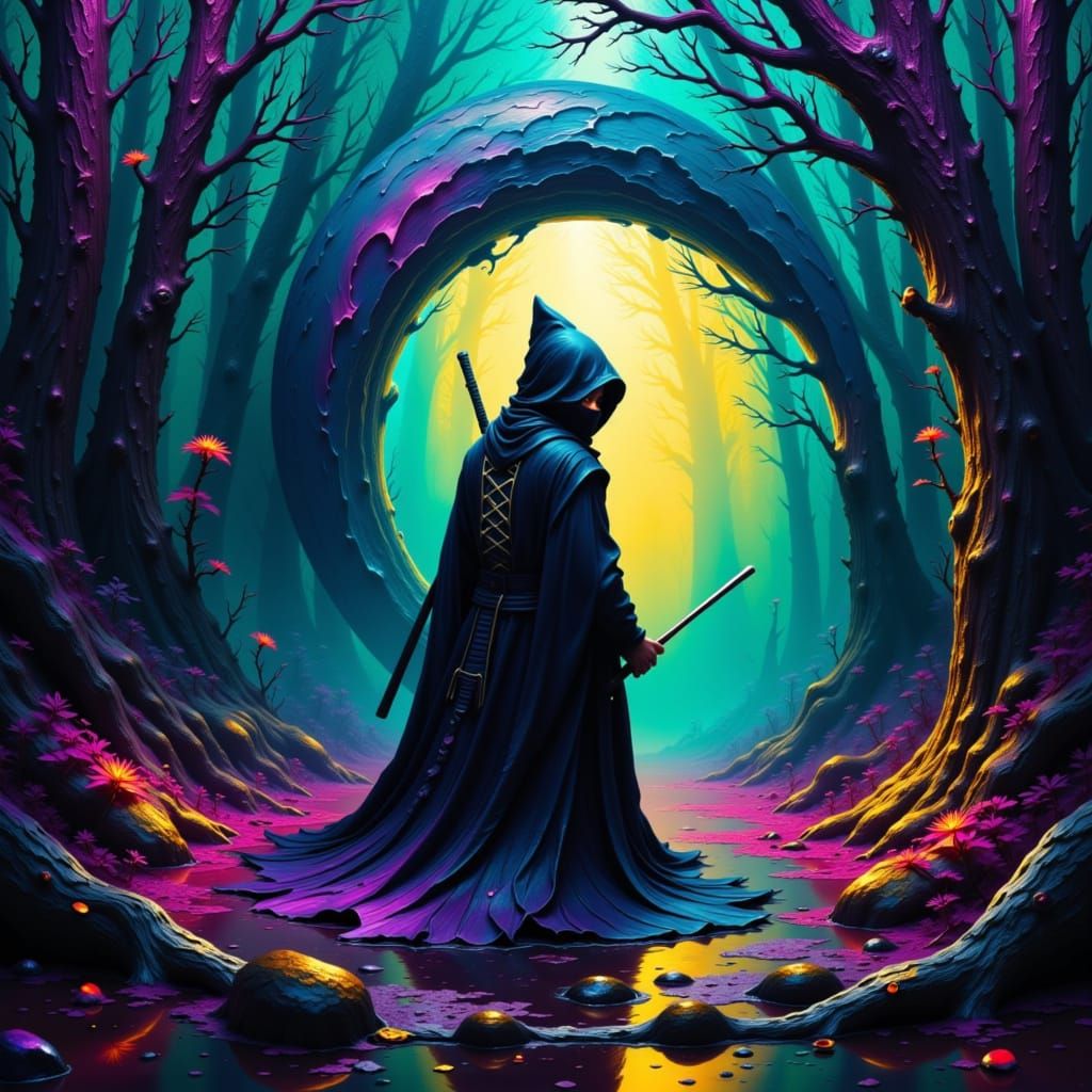 Ninja in Misty Forest with Vibrant Impasto Textures