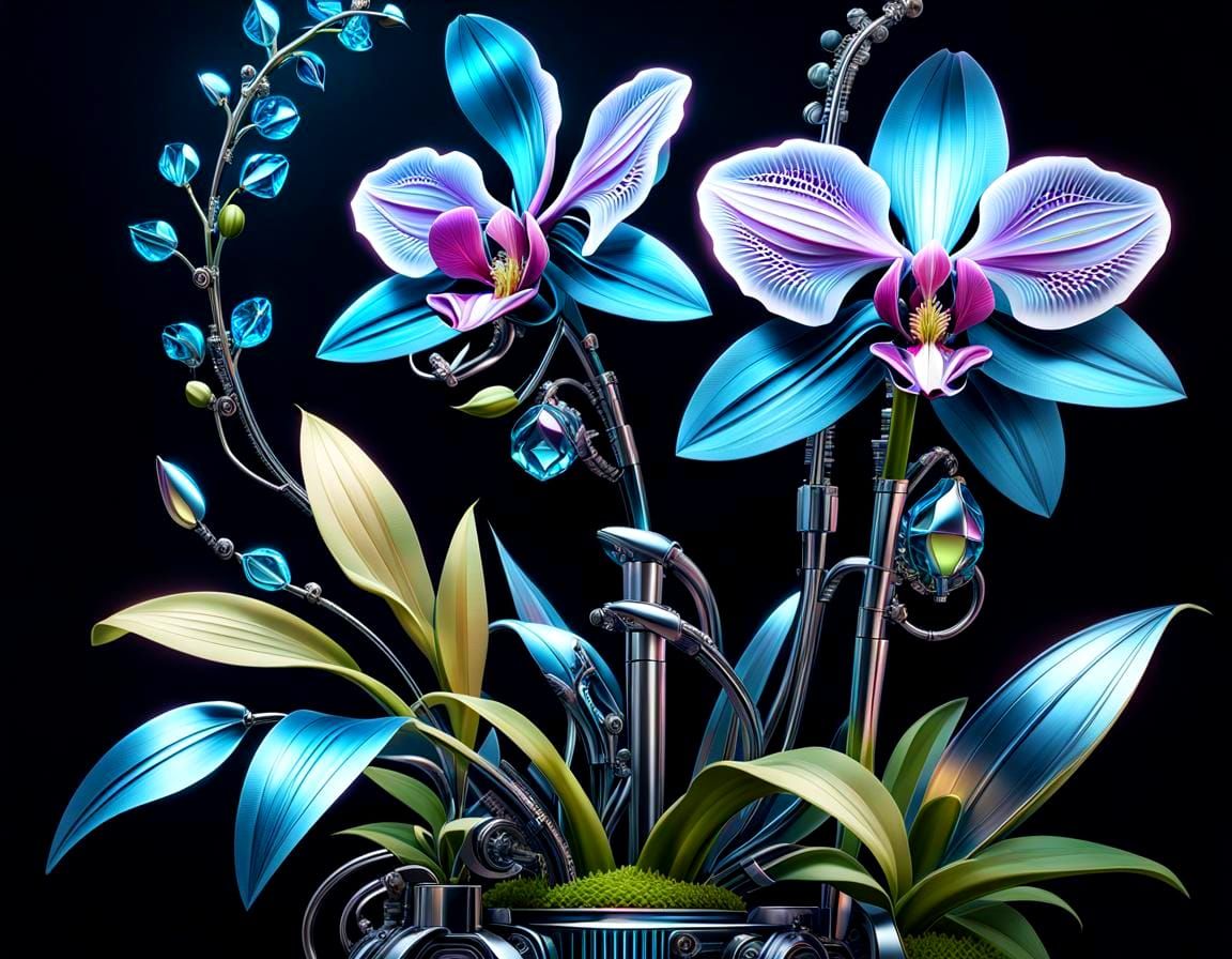 Biomechanical Orchid Blooms in Futuristic Laboratory